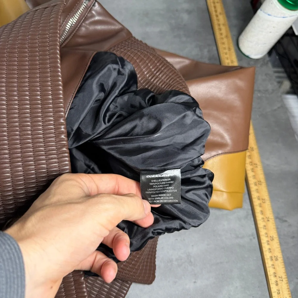 Cold Culture Route Jacket M Brown Colorblock Hooded Bomber $189 Vegan Leather